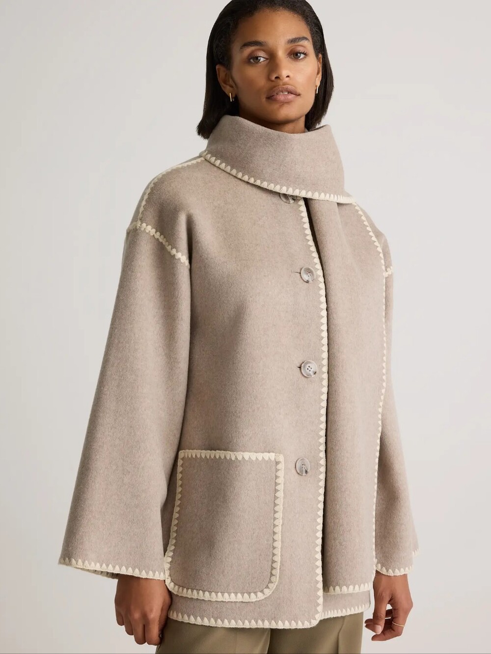 NWT Quince | Double-Faced Merino Wool Scarf Coat Oat Women Medium Elegant Chic - Picture 2 of 9